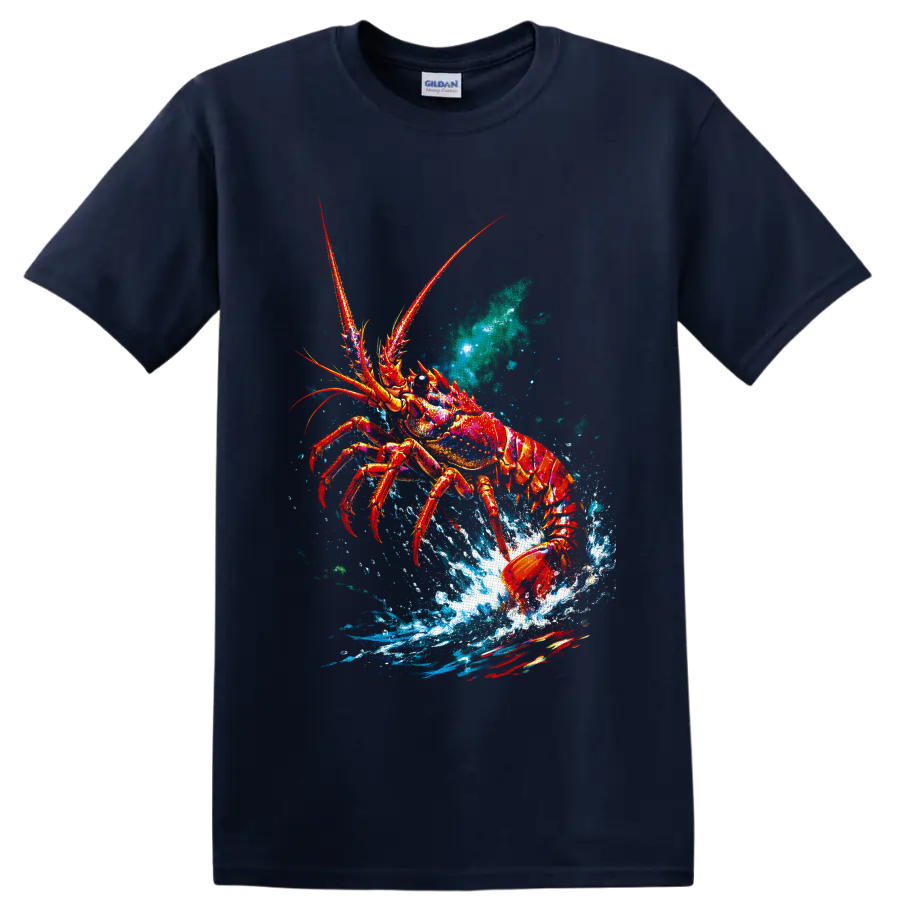 Colorful lobster bursting through blue ocean splash in vivid painterly marine art on a Navy (Blue) T Shirt