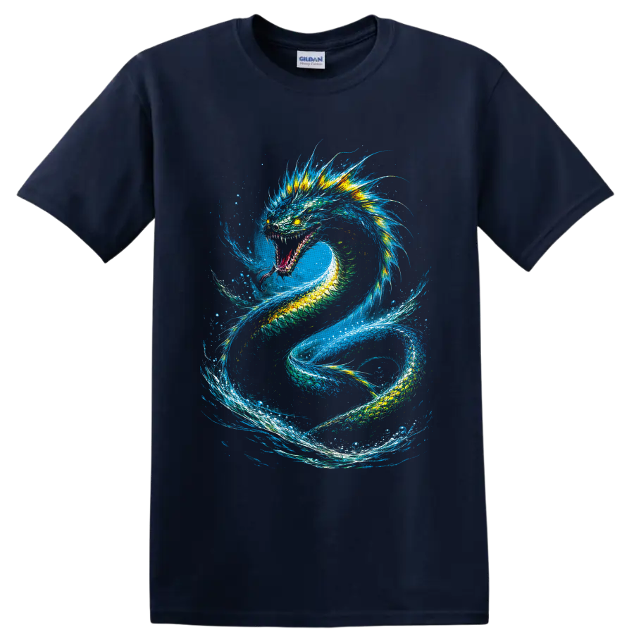 Colorful Water Dragon with blue mane coiling through swirling ocean waves on a Navy (Blue) T Shirt