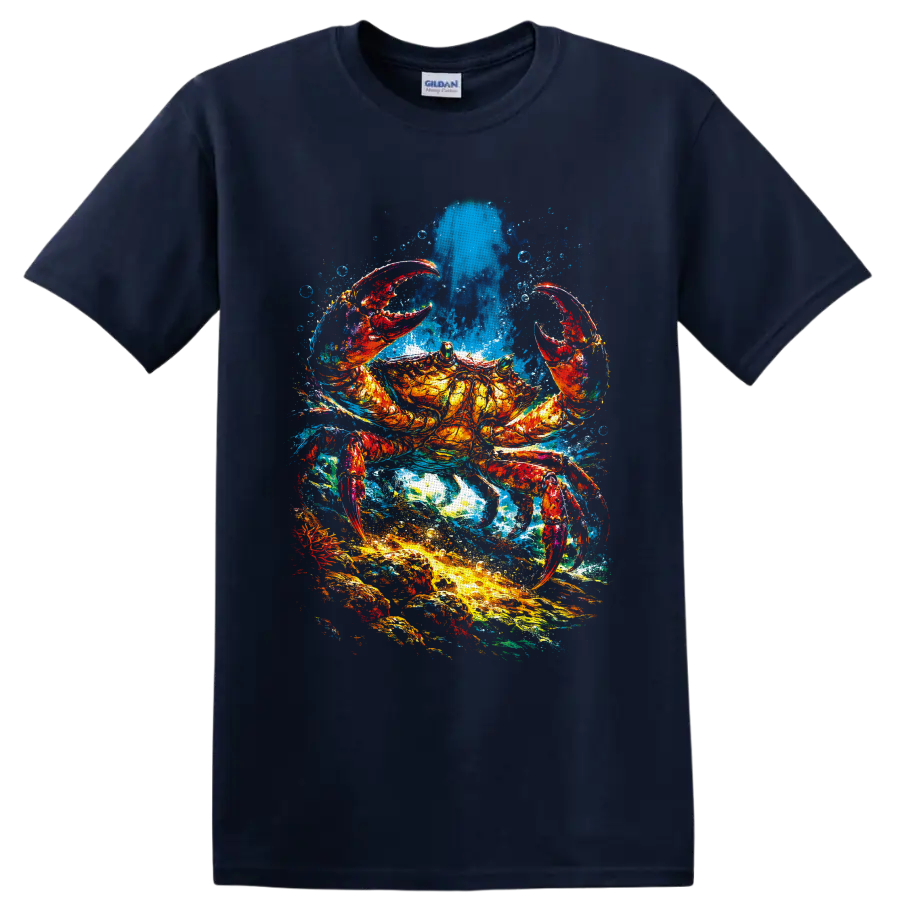 Colorful crab in a vivid watercolor-style ocean splash with bubbles on a Navy (Blue) T Shirt