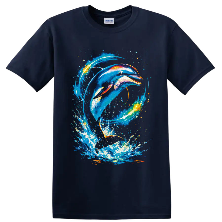 Vibrant dolphin swimming through a swirling ocean wave splash in painterly aquatic art on a Navy (Blue) T Shirt