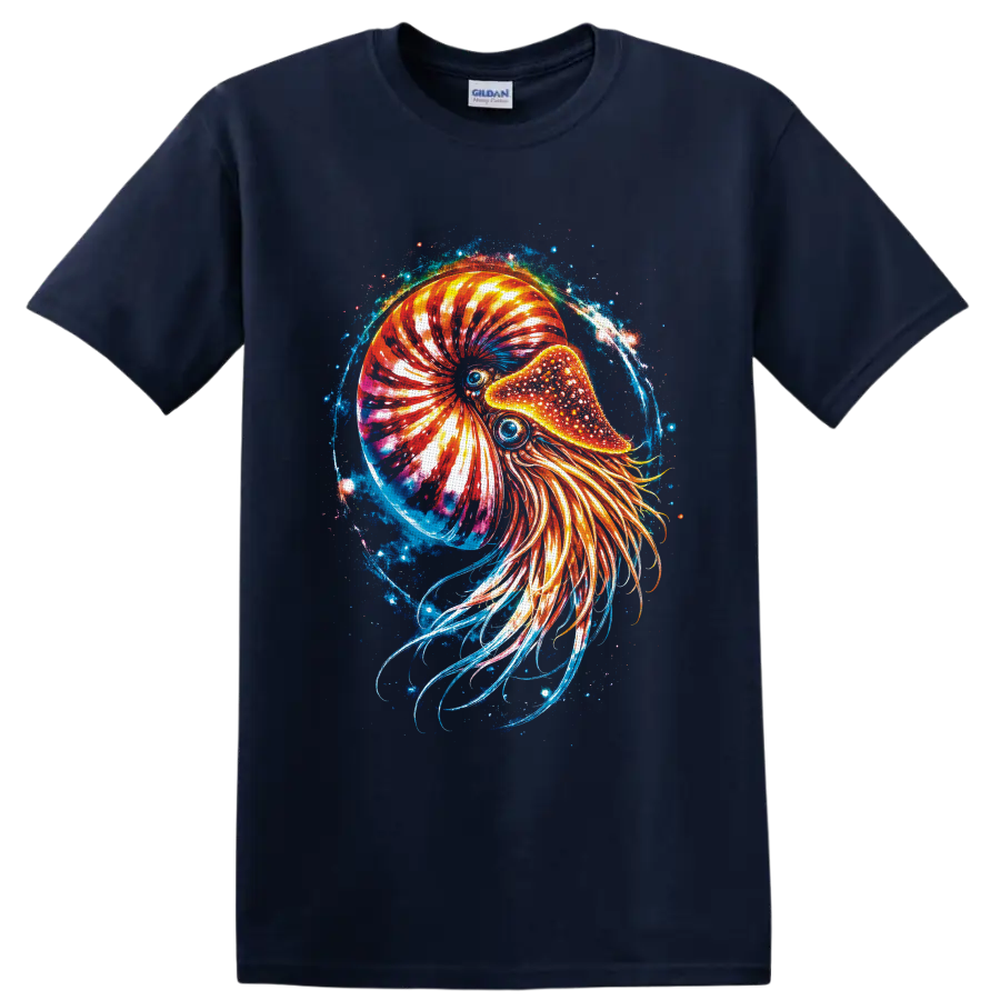 Cosmic nautilus illustration with glowing chambered shell, flowing tentacles, and blue on a Navy (Blue) T Shirt