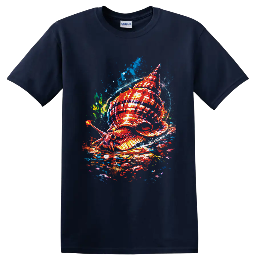 Colorful sea snail with a red spiral shell in expressive blue ocean splash art on a Navy (Blue) T Shirt