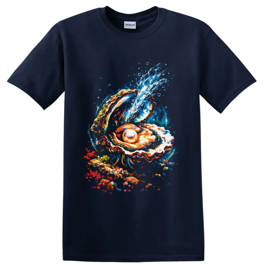 Colorful painted oyster shell with glowing pearl and cresting ocean wave on a Navy (Blue) T Shirt