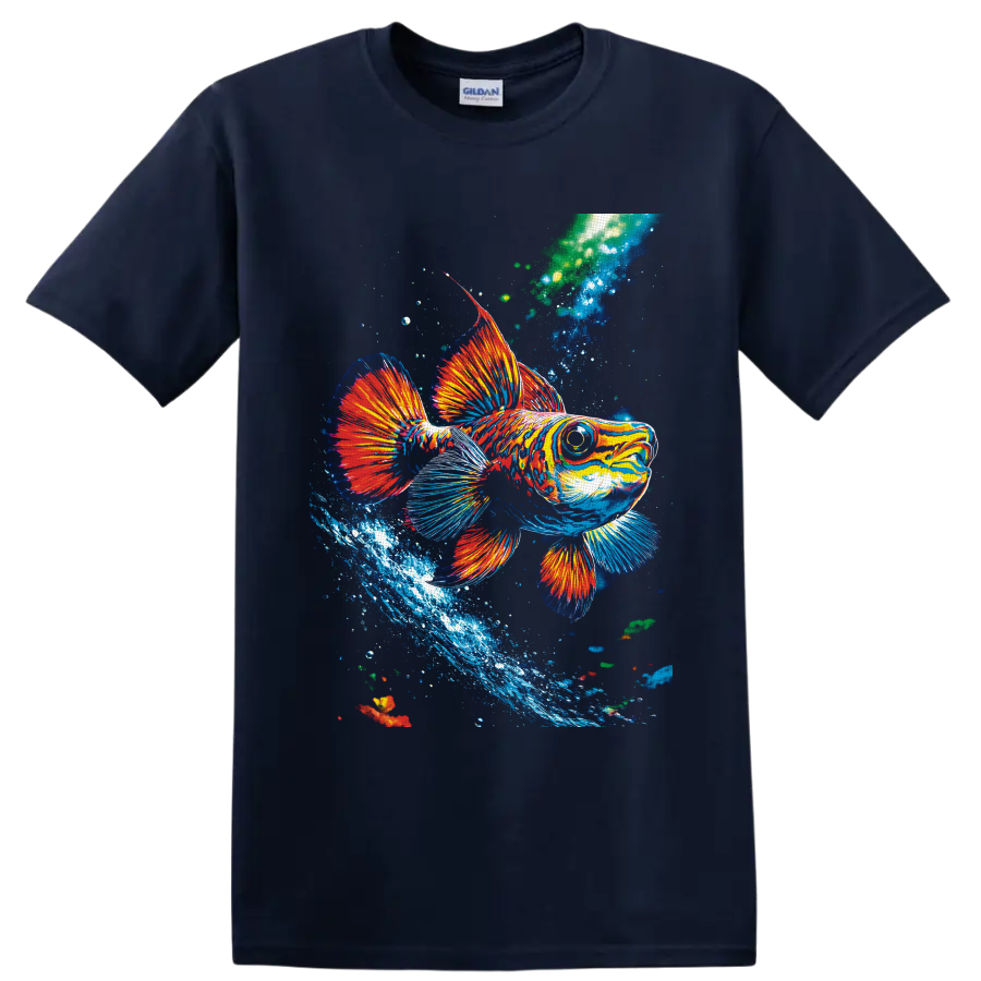 Colorful tropical fish illustration with flowing fins, bubbles, and a blue water splash on a Navy (Blue) T Shirt