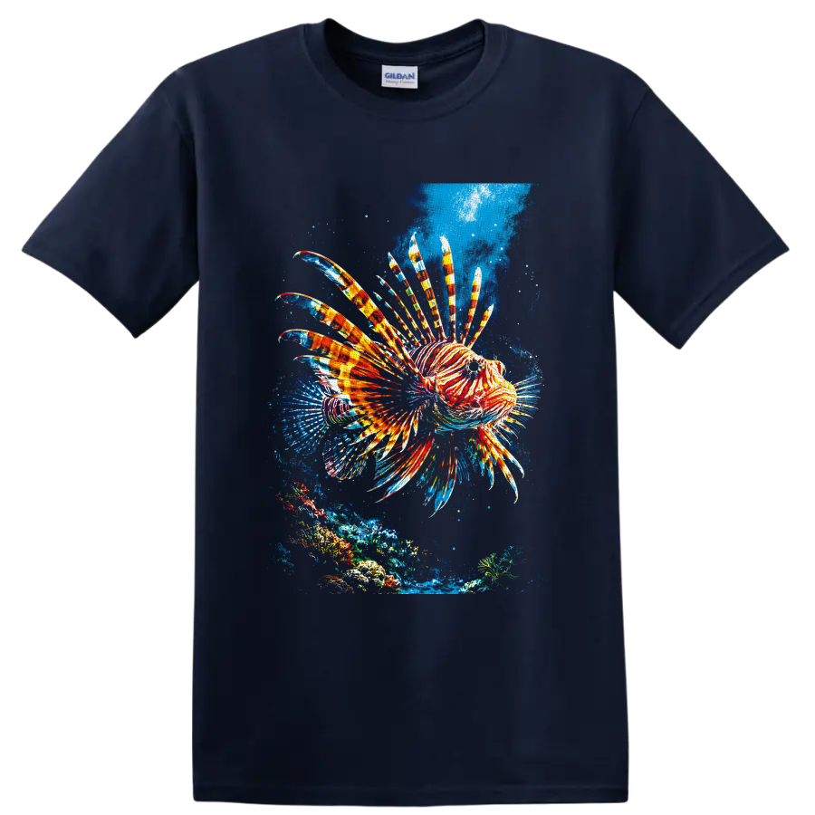 Colorful lionfish with striped fins over a tropical coral reef in splash-style ocean art on a Navy (Blue) T Shirt