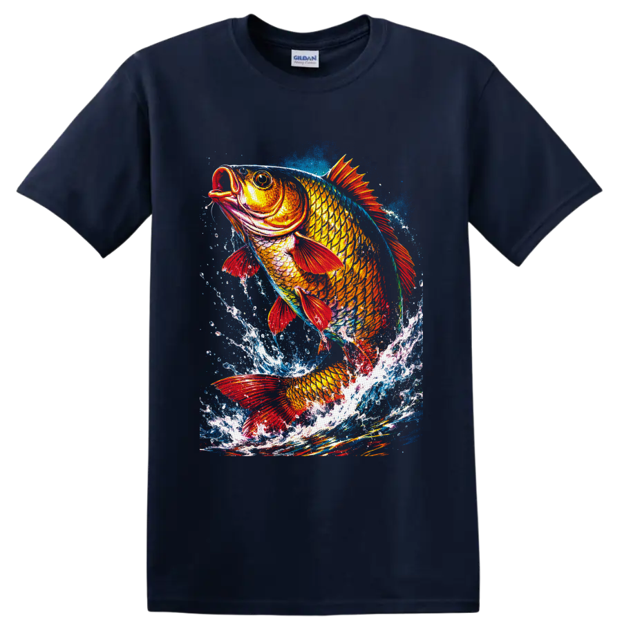 Colorful koi fish with red fins leaping through painterly blue water splashes on a Navy (Blue) T Shirt