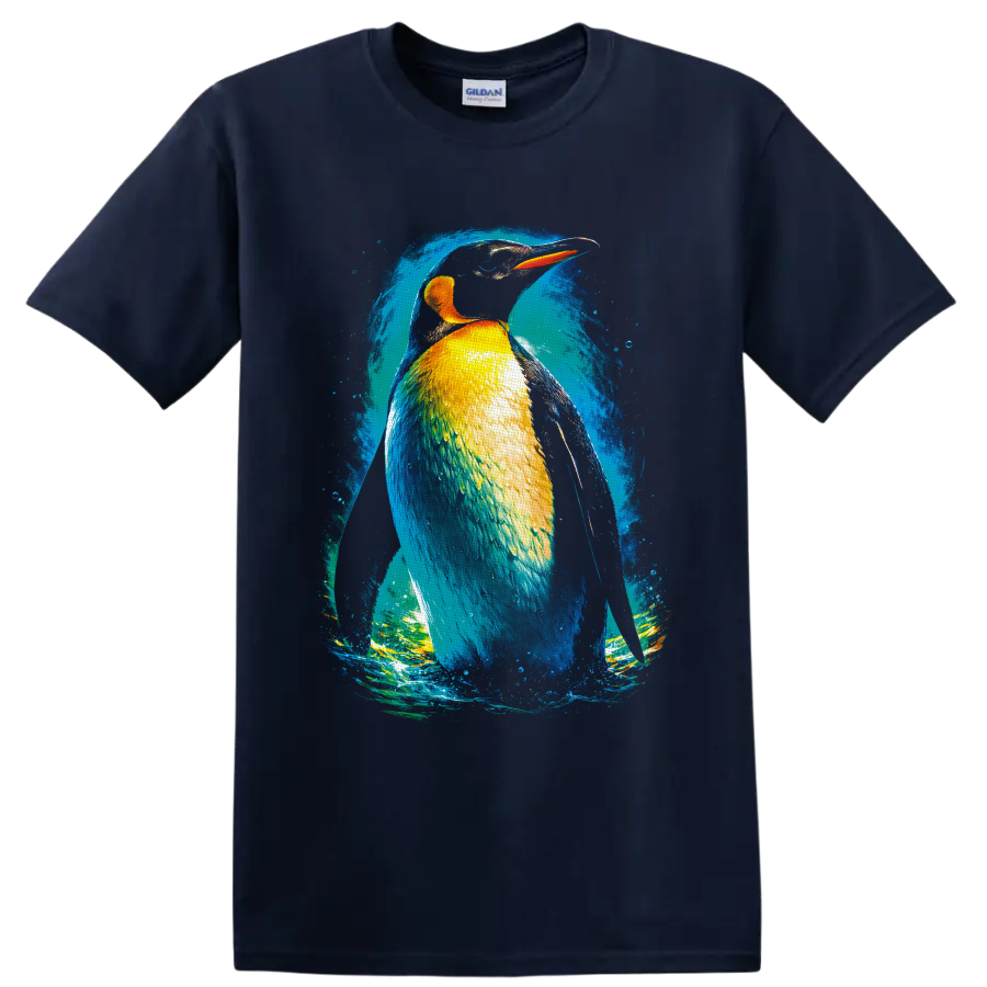 Colorful kingfisher illustration with blue, gold, and orange plumage in a curling wave on a Navy (Blue) T Shirt