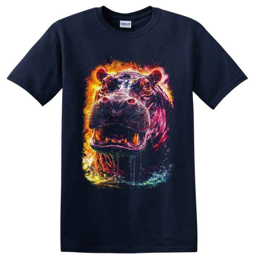 Vibrant splash-art hippopotamus portrait with open mouth, tusks, and water accents on a Navy (Blue) T Shirt