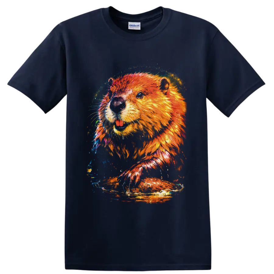 Colorful sea otter portrait in vivid paint-splash wildlife art on a Navy (Blue) T Shirt