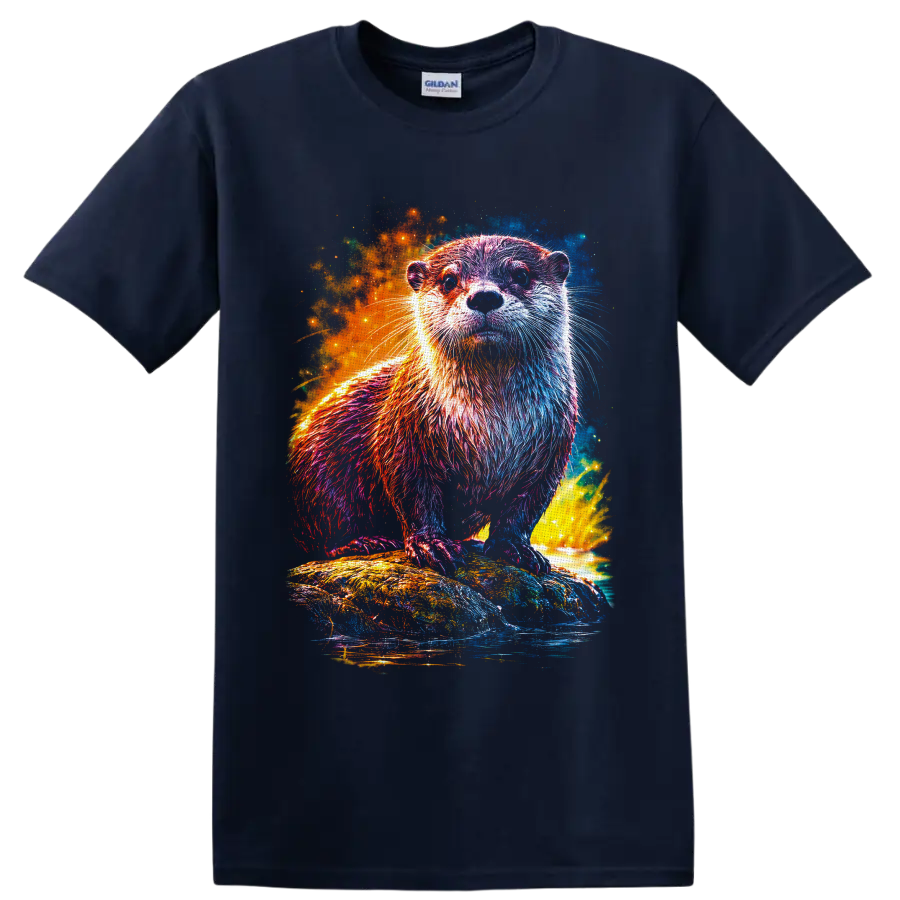 Cosmic neon otter standing on a rock above water with glowing colorful splashes on a Navy (Blue) T Shirt