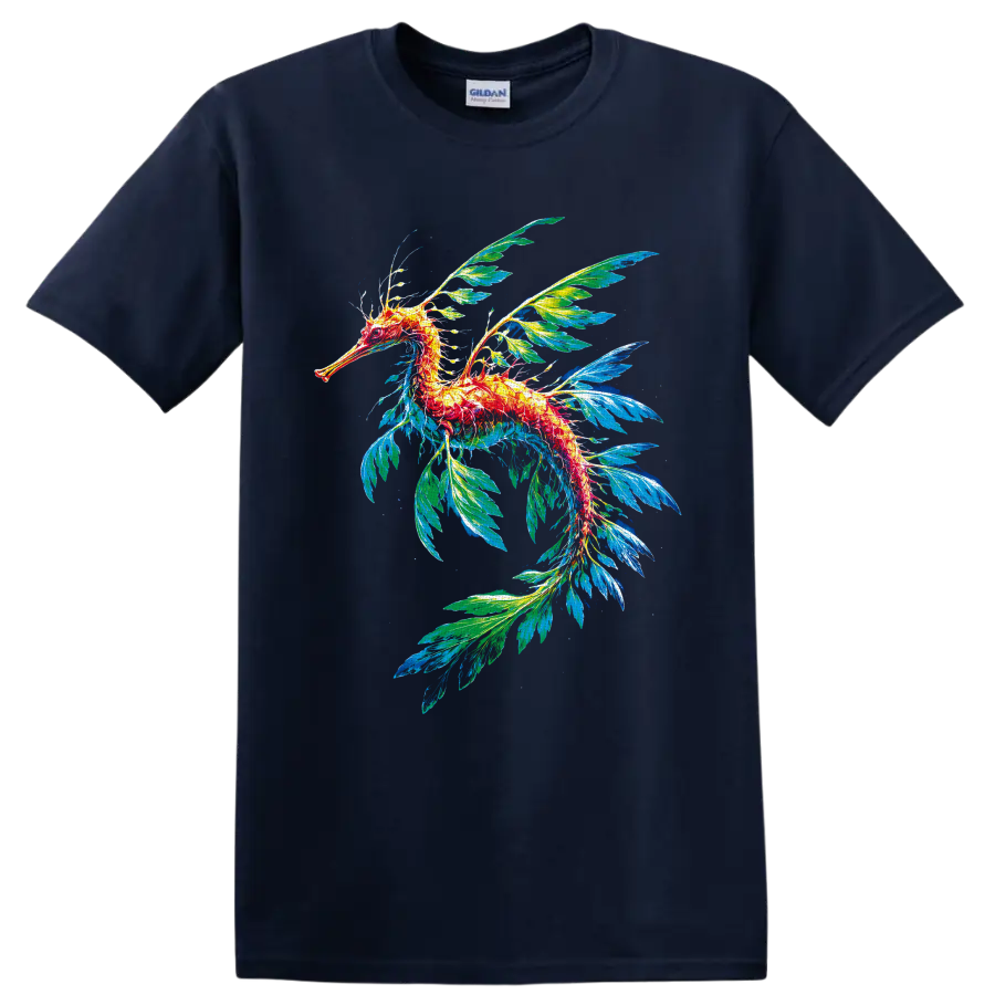 Colorful leafy seadragon illustration with flowing blue and green leaf-like fins on a Navy (Blue) T Shirt