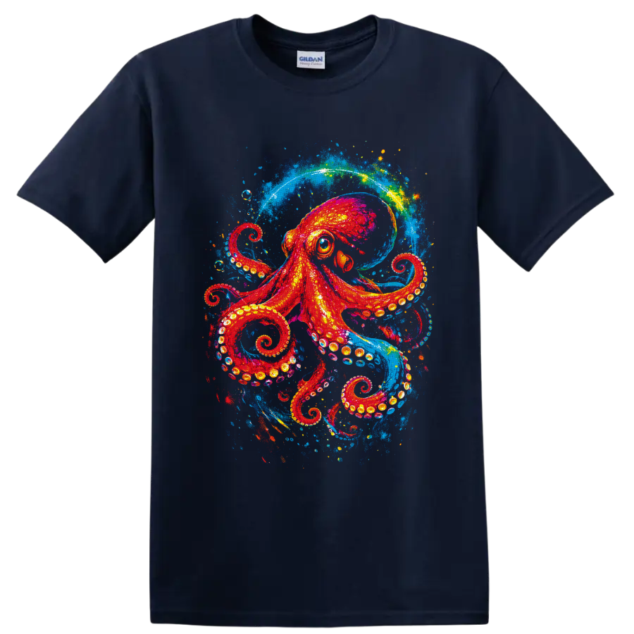 Colorful red octopus in electric blue ocean splash art with curling tentacles on a Navy (Blue) T Shirt