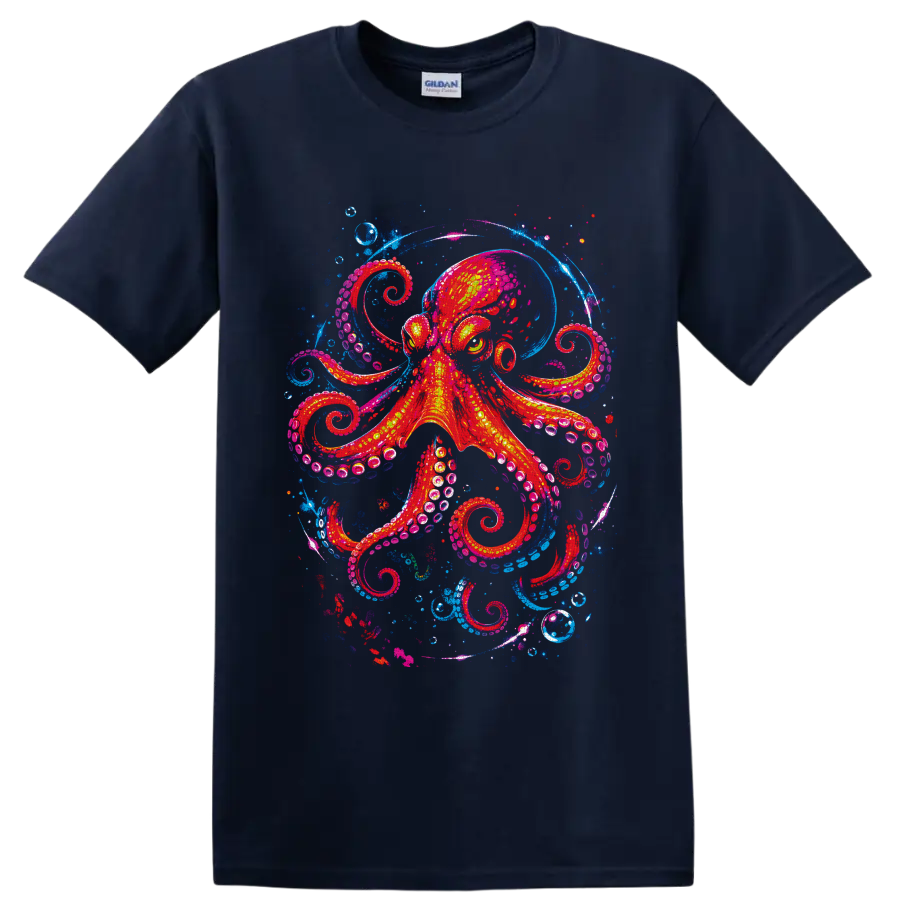 Neon-style octopus with curling tentacles, bubbles, and electric blue ocean swirls on a Navy (Blue) T Shirt