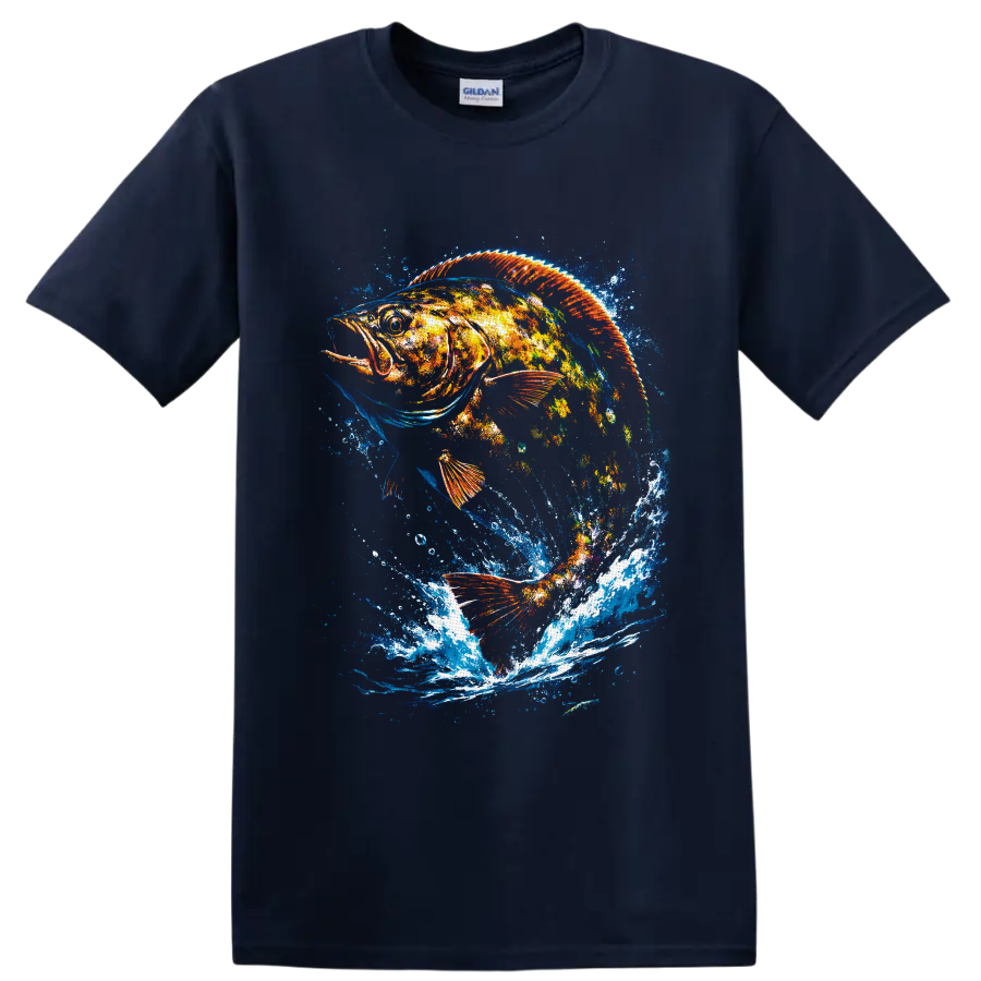 Color splash largemouth bass graphic with orange fins and dramatic blue water splashes on a Navy (Blue) T Shirt