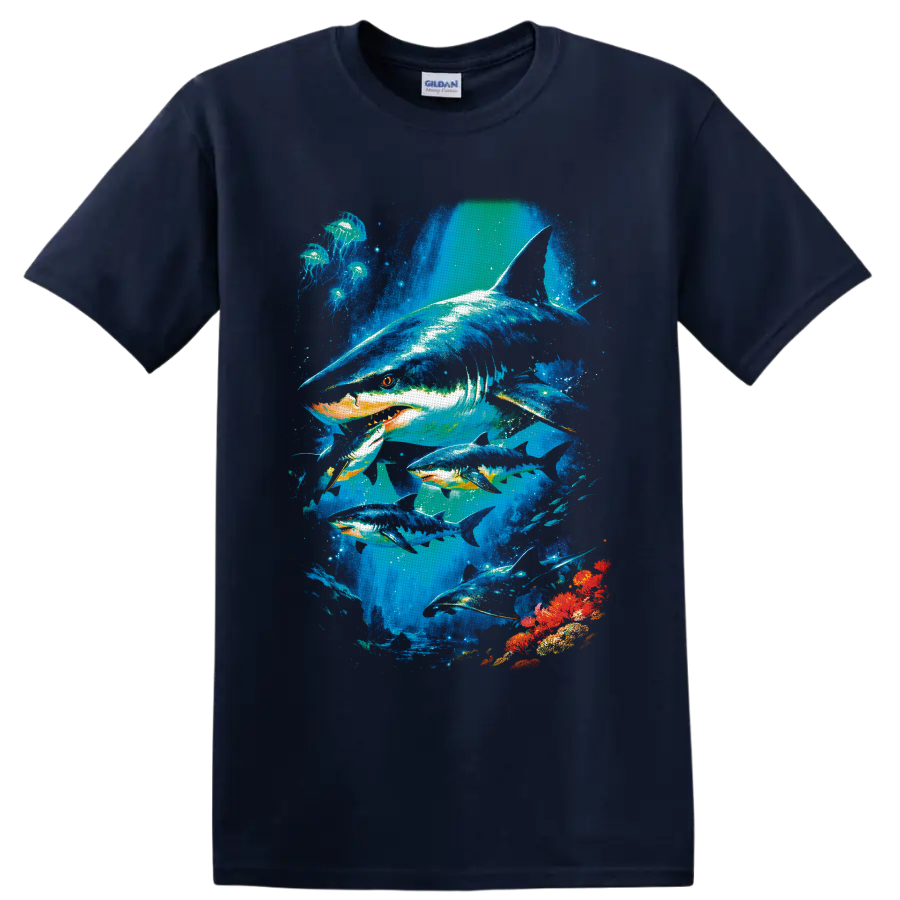 Vibrant shark, jellyfish, rays, and coral underwater wildlife graphic on a Navy (Blue) T Shirt