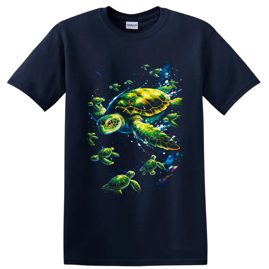 Colorful sea turtle underwater graphic with swimming turtles, bubbles, and ocean spray on a Navy (Blue) T Shirt