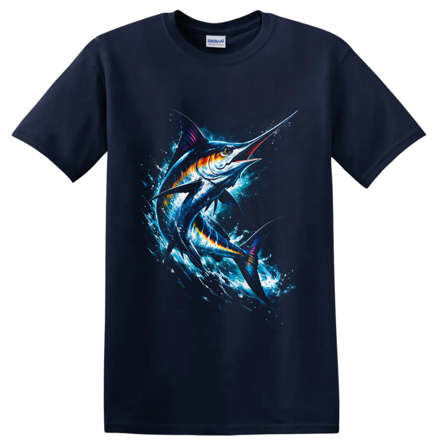 Vivid watercolor-style marlin leaping through a crashing ocean splash on a Navy (Blue) T Shirt