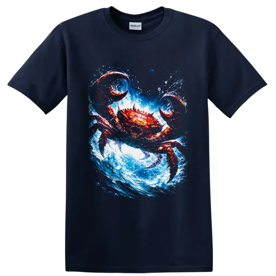 Fiery red crab with raised claws charging through a crashing blue ocean wave on a Navy (Blue) T Shirt