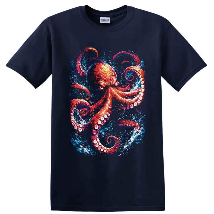 Red-orange octopus with curling tentacles in vivid blue ocean splash art on a Navy (Blue) T Shirt