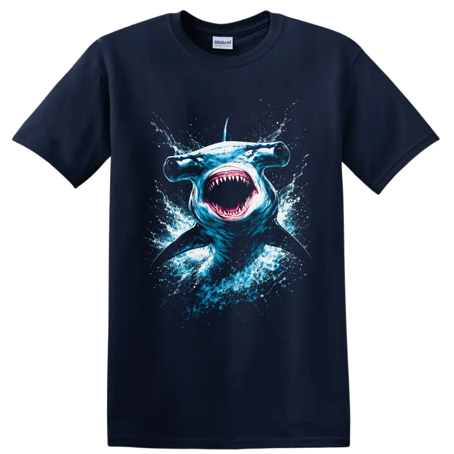 Hammerhead shark portrait with open mouth and explosive blue ocean splash artwork on a Navy (Blue) T Shirt