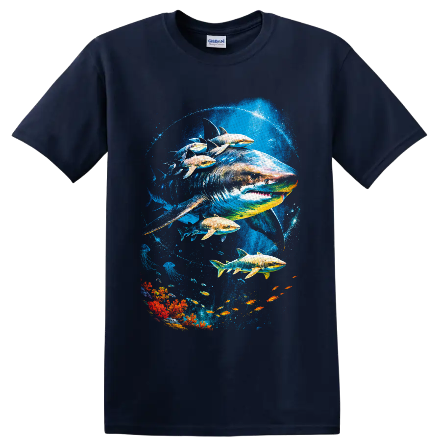 Great White Shark and tropical fish in vivid underwater coral reef art on a Navy (Blue) T Shirt