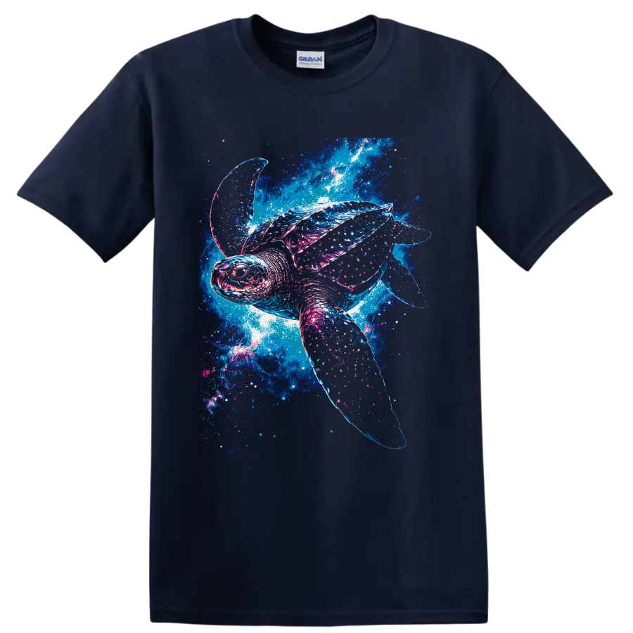 Sea turtle swimming through a neon blue and pink cosmic ocean galaxy design on a Navy (Blue) T Shirt