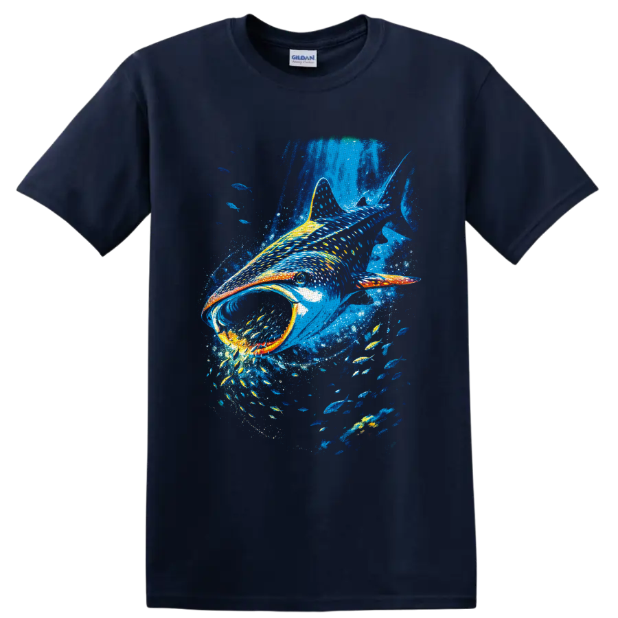 Colorful painterly whale shark swimming through blue water with schools of fish on a Navy (Blue) T Shirt