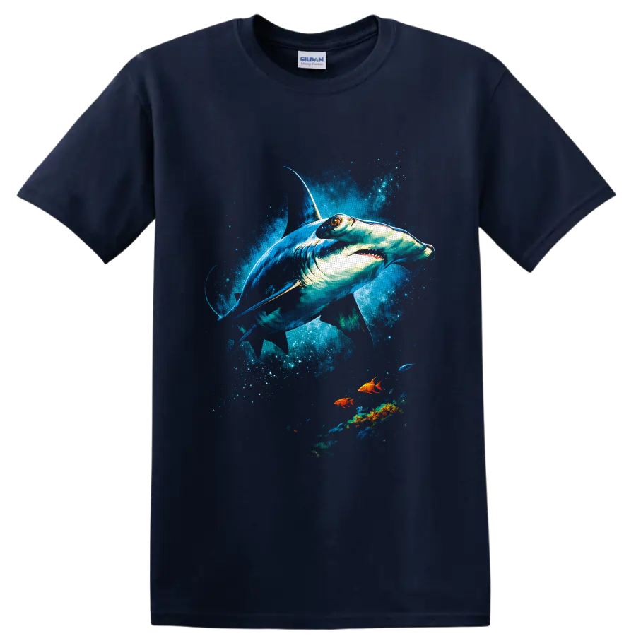 Hammerhead shark in vivid watercolor ocean splashes with colorful tropical fish on a Navy (Blue) T Shirt
