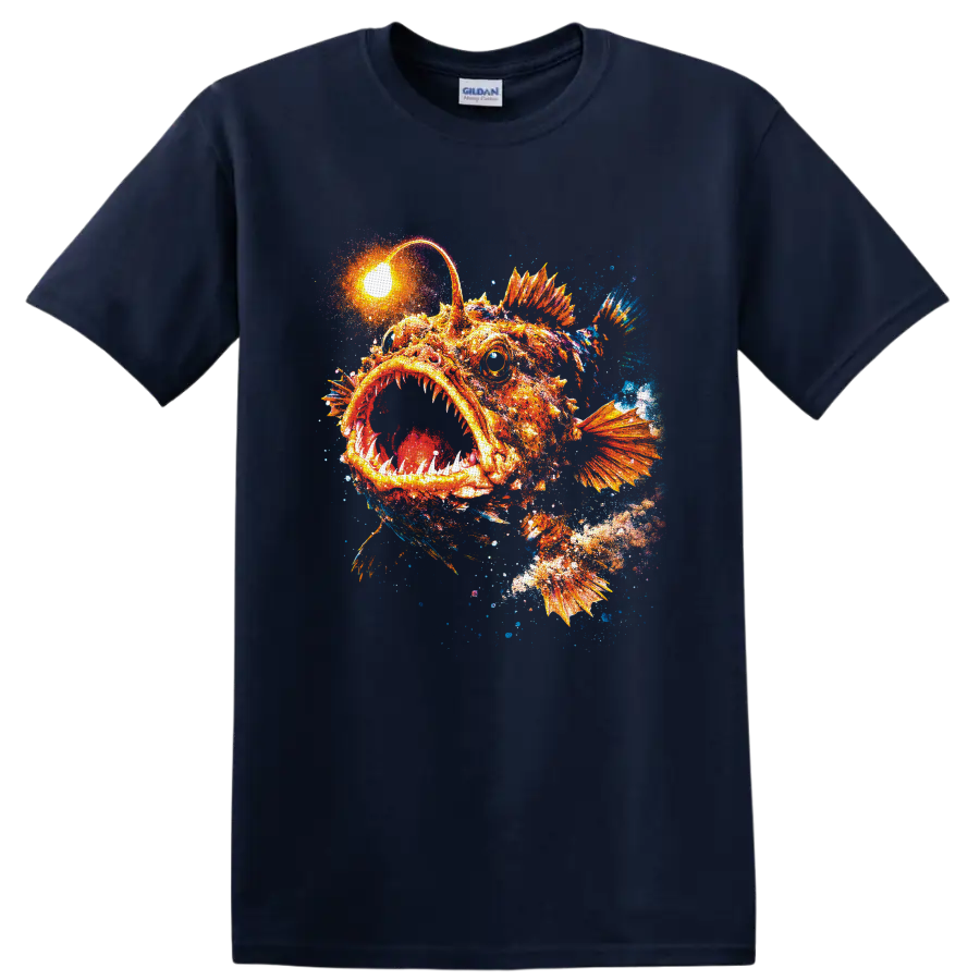 Glowing orange anglerfish with toothy mouth and colorful deep-sea paint splash art on a Navy (Blue) T Shirt