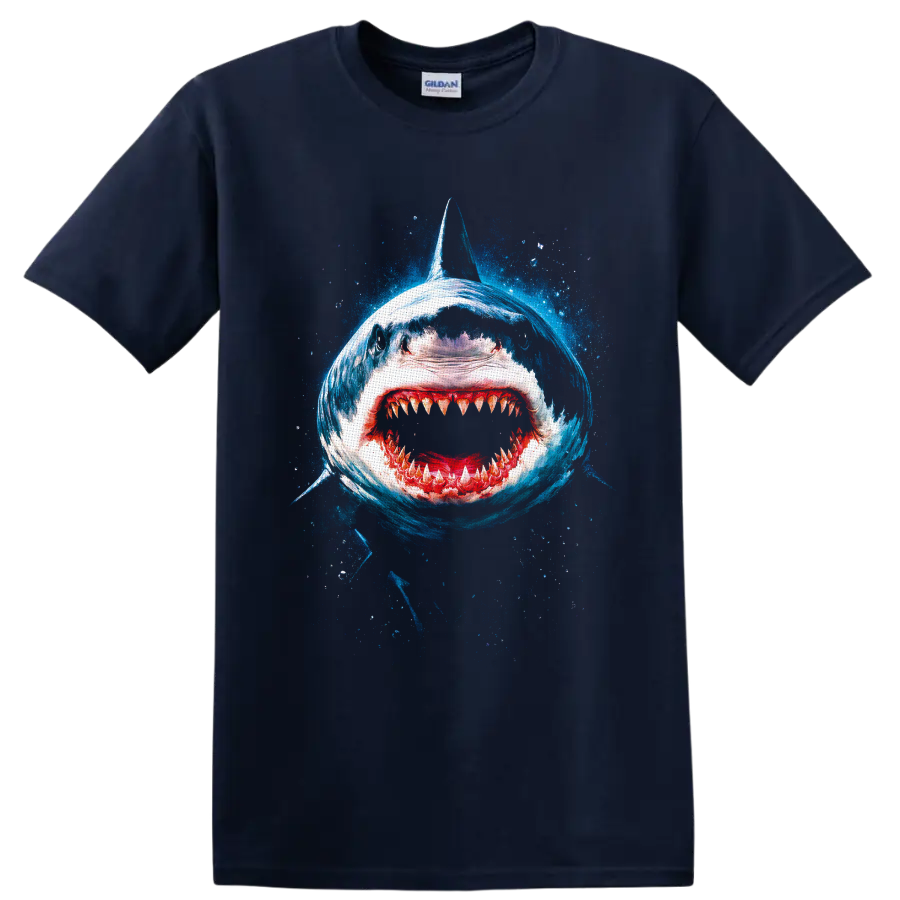 Great white shark open-jaw blue ocean splash graphic print on a Navy (Blue) T Shirt