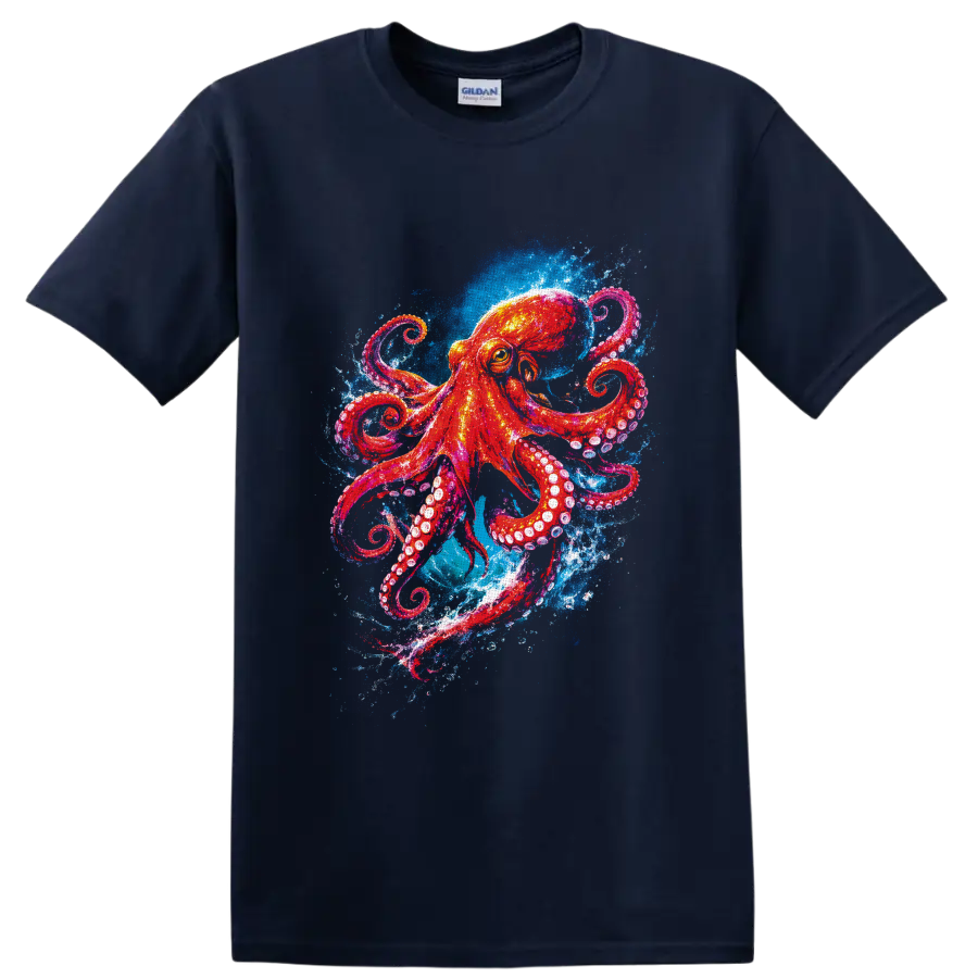Vibrant watercolor octopus with curling tentacles in blue ocean splashes on a Navy (Blue) T Shirt