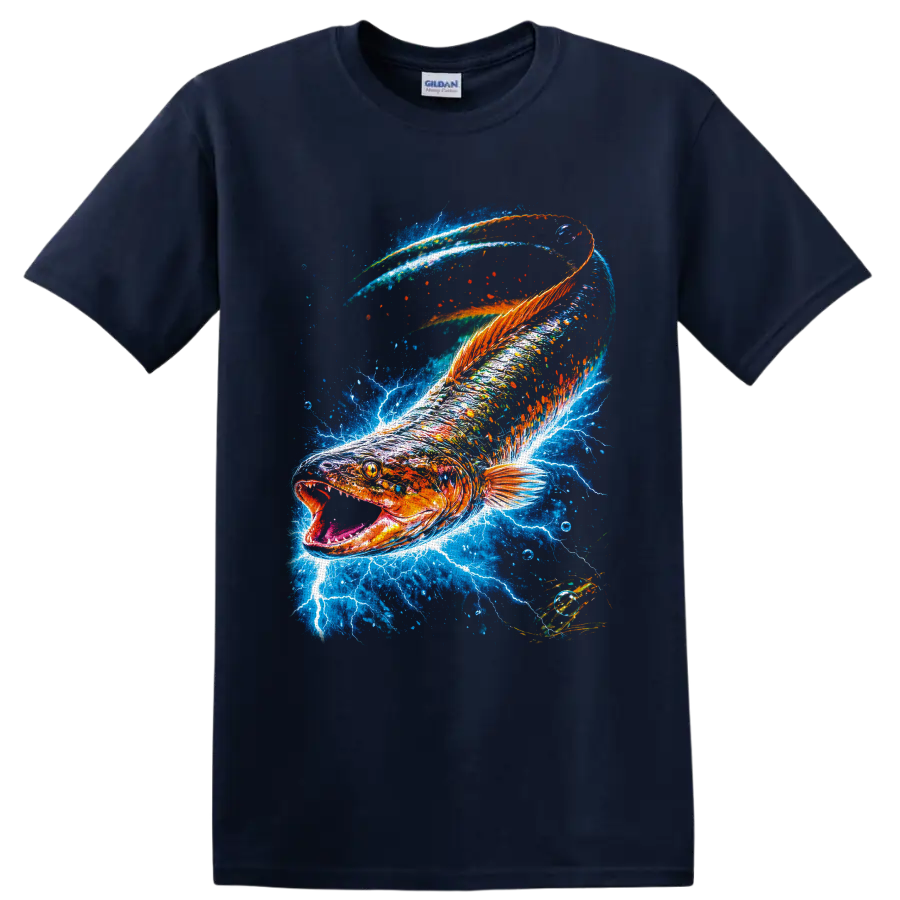 Largemouth bass with lightning and vivid blue water splash graphic on a Navy (Blue) T Shirt