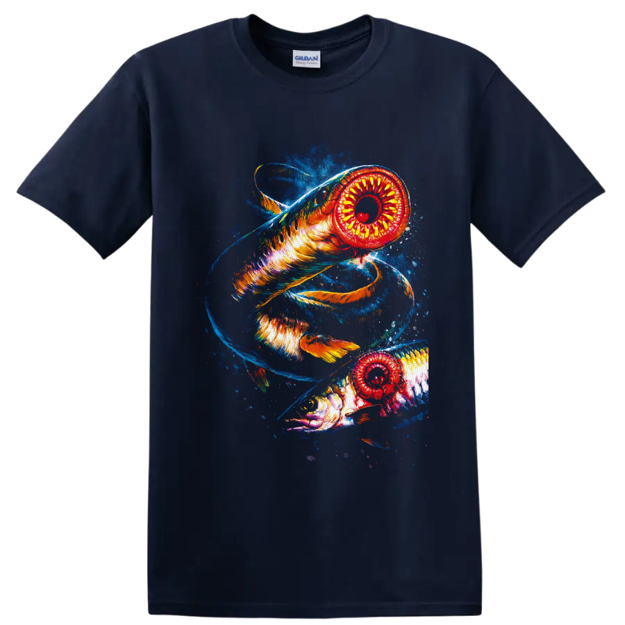 Two vivid lamprey fish in swirling blue water with fiery painterly ocean art on a Navy (Blue) T Shirt