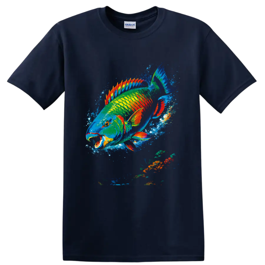 Vibrant painterly parrotfish graphic swimming through an electric blue ocean splash on a Navy (Blue) T Shirt