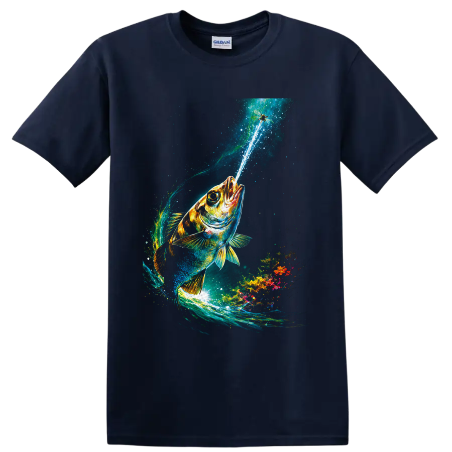 Vibrant bass leaping through glowing underwater currents toward a dragonfly on a Navy (Blue) T Shirt