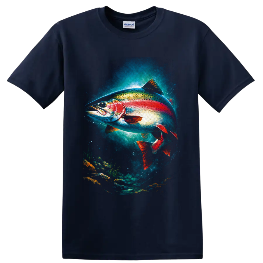 Colorful rainbow trout swimming in a glowing freshwater underwater art scene on a Navy (Blue) T Shirt