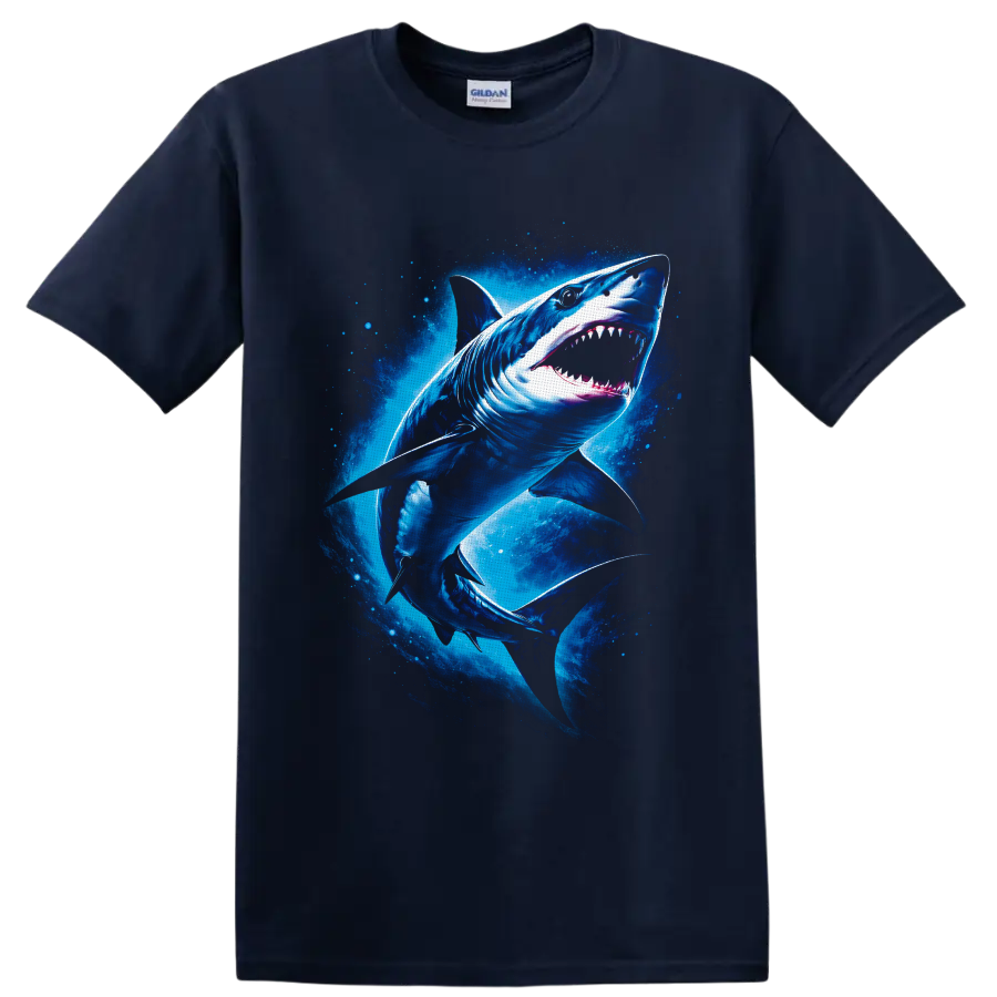 Great White Shark in a vivid blue underwater ocean graphic print on a Navy (Blue) T Shirt