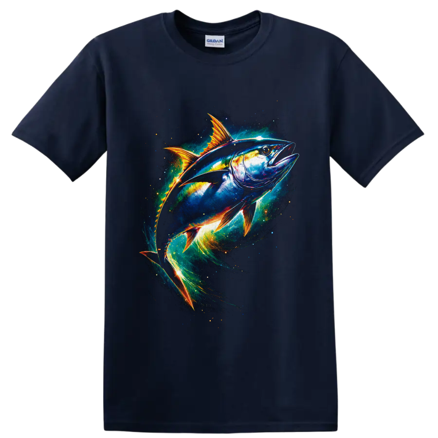 Colorful tuna swimming through glowing cosmic ocean waves on a Navy (Blue) T Shirt