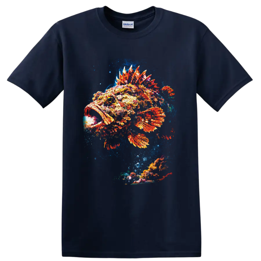 Colorful painterly spiny fish with fiery fins in a blue underwater splash on a Navy (Blue) T Shirt