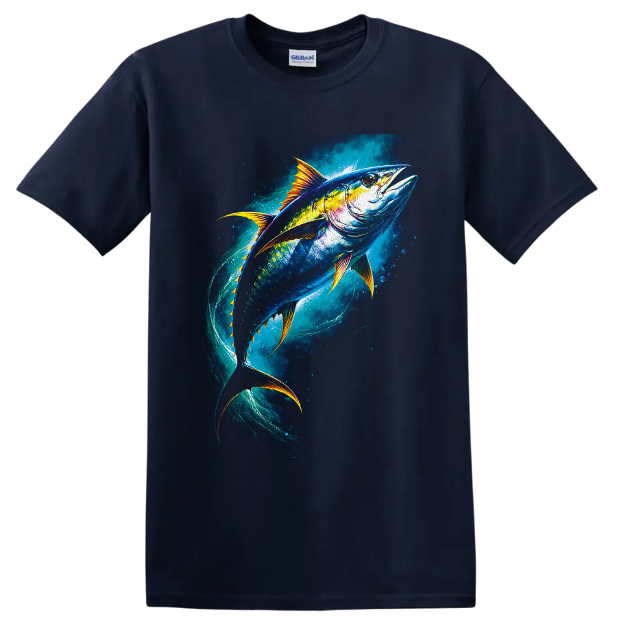 Colorful tuna swimming through a swirling blue ocean with golden fins on a Navy (Blue) T Shirt