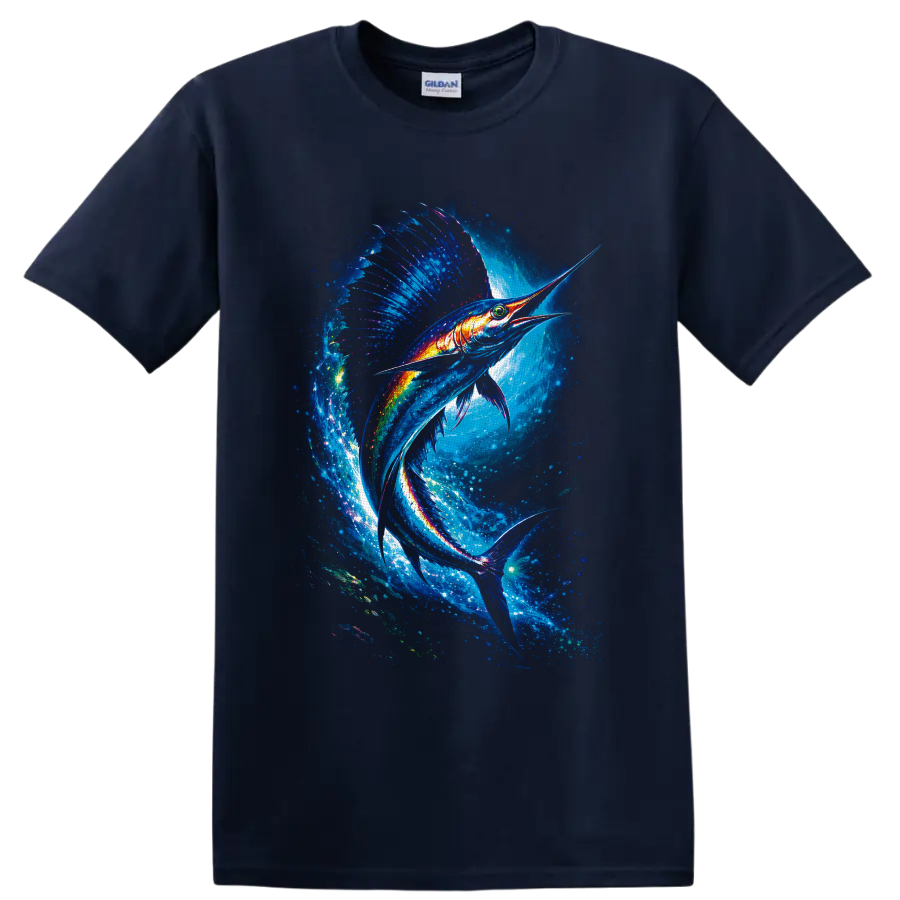 Neon-style sailfish swimming through a glowing blue ocean wave on a Navy (Blue) T Shirt