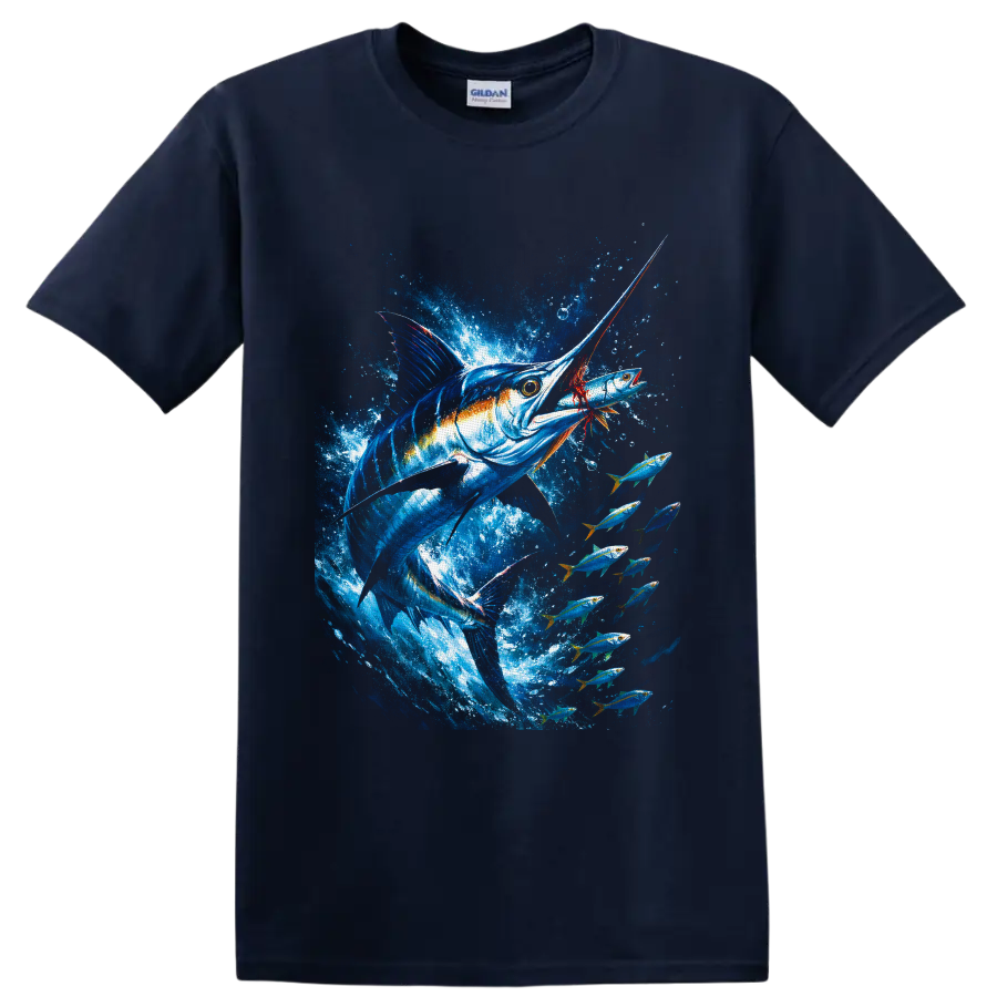 Blue marlin chasing a fish amid schooling tuna in vivid ocean splash artwork on a Navy (Blue) T Shirt