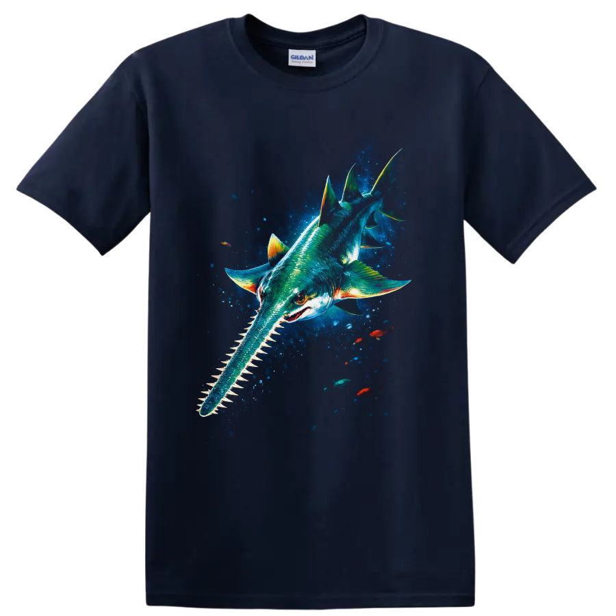 Colorful sawshark graphic swimming through a glowing deep-blue underwater scene on a Navy (Blue) T Shirt