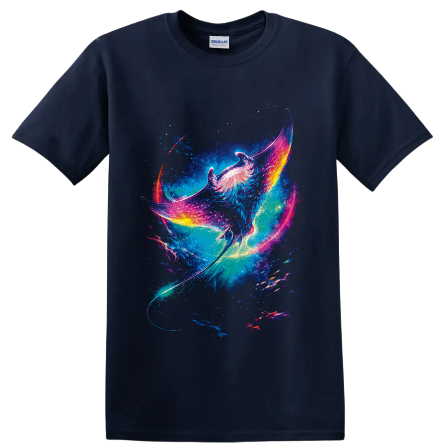 Neon fantasy manta ray gliding through a starry cosmic ocean on a Navy (Blue) T Shirt