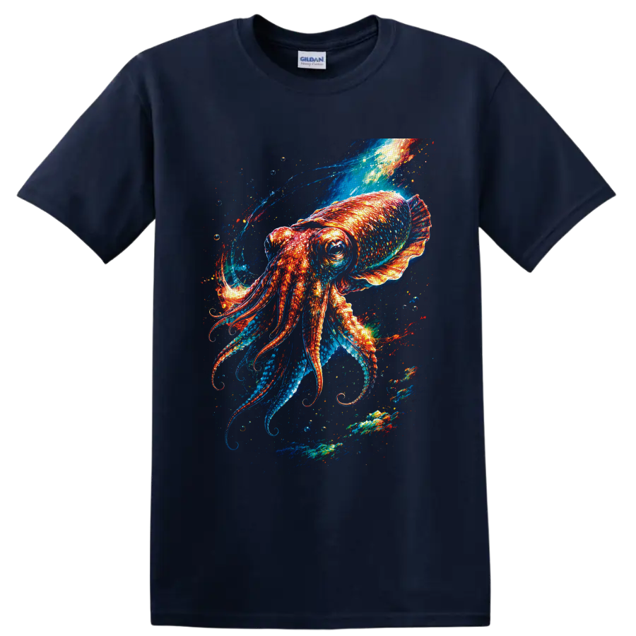 Vivid cosmic squid graphic with glowing orange tentacles and swirling blue ocean currents on a Navy (Blue) T Shirt