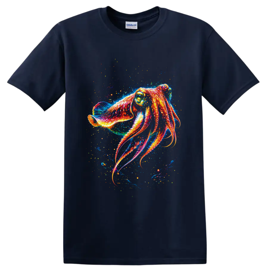 Neon orange octopus with curling arms in an electric blue ocean splash illustration on a Navy (Blue) T Shirt