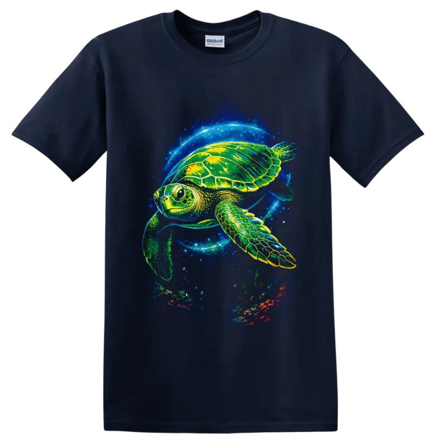 Neon sea turtle swimming through a glowing blue ocean with bubbles and coral reef on a Navy (Blue) T Shirt