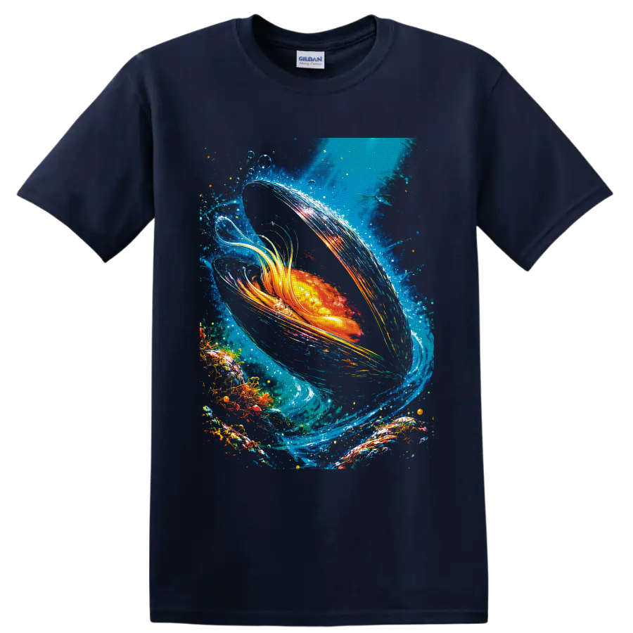 Radiant goldfish in swirling blue water with bubbles and colorful painterly splashes on a Navy (Blue) T Shirt