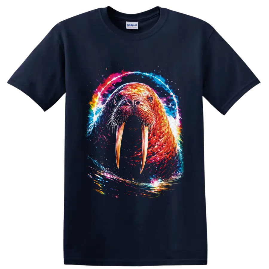 Vibrant cosmic walrus portrait with long tusks and swirling ocean-color energy on a Navy (Blue) T Shirt