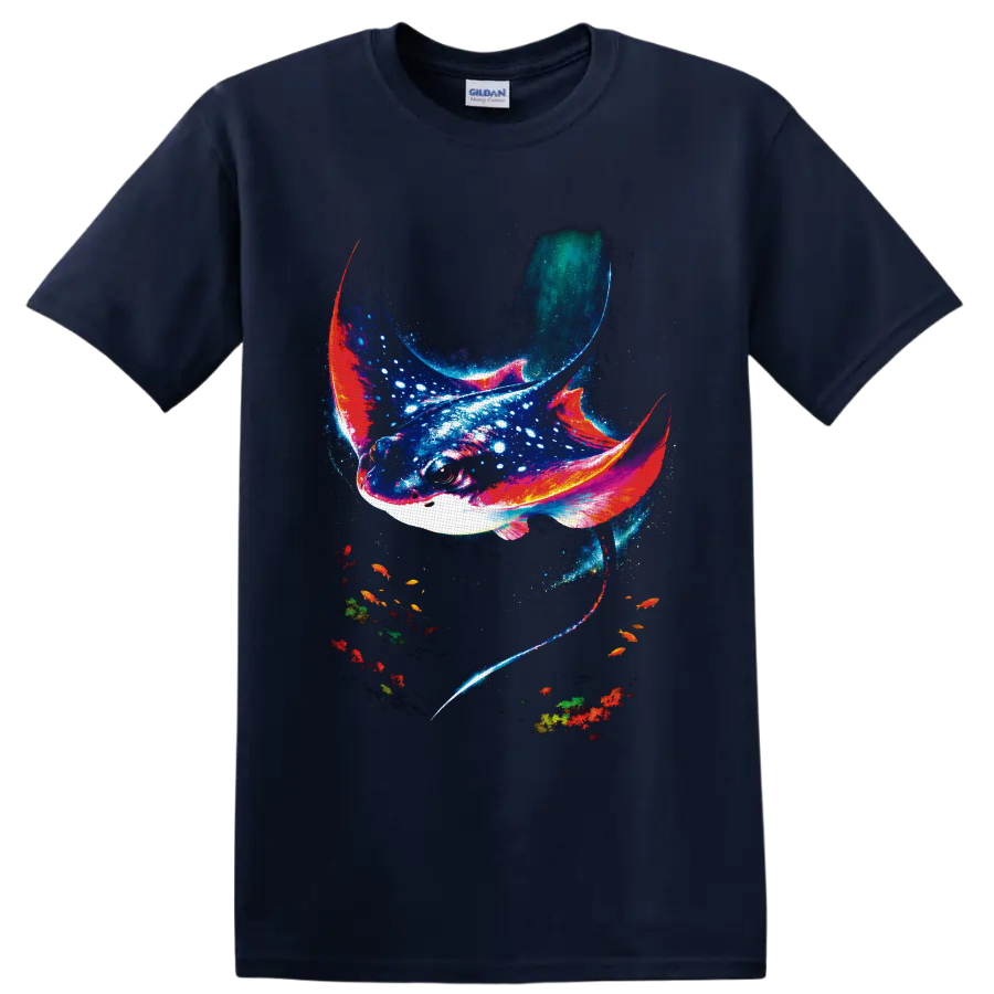 Cosmic manta ray illustration with luminous speckles, colorful fish, and coral on a Navy (Blue) T Shirt